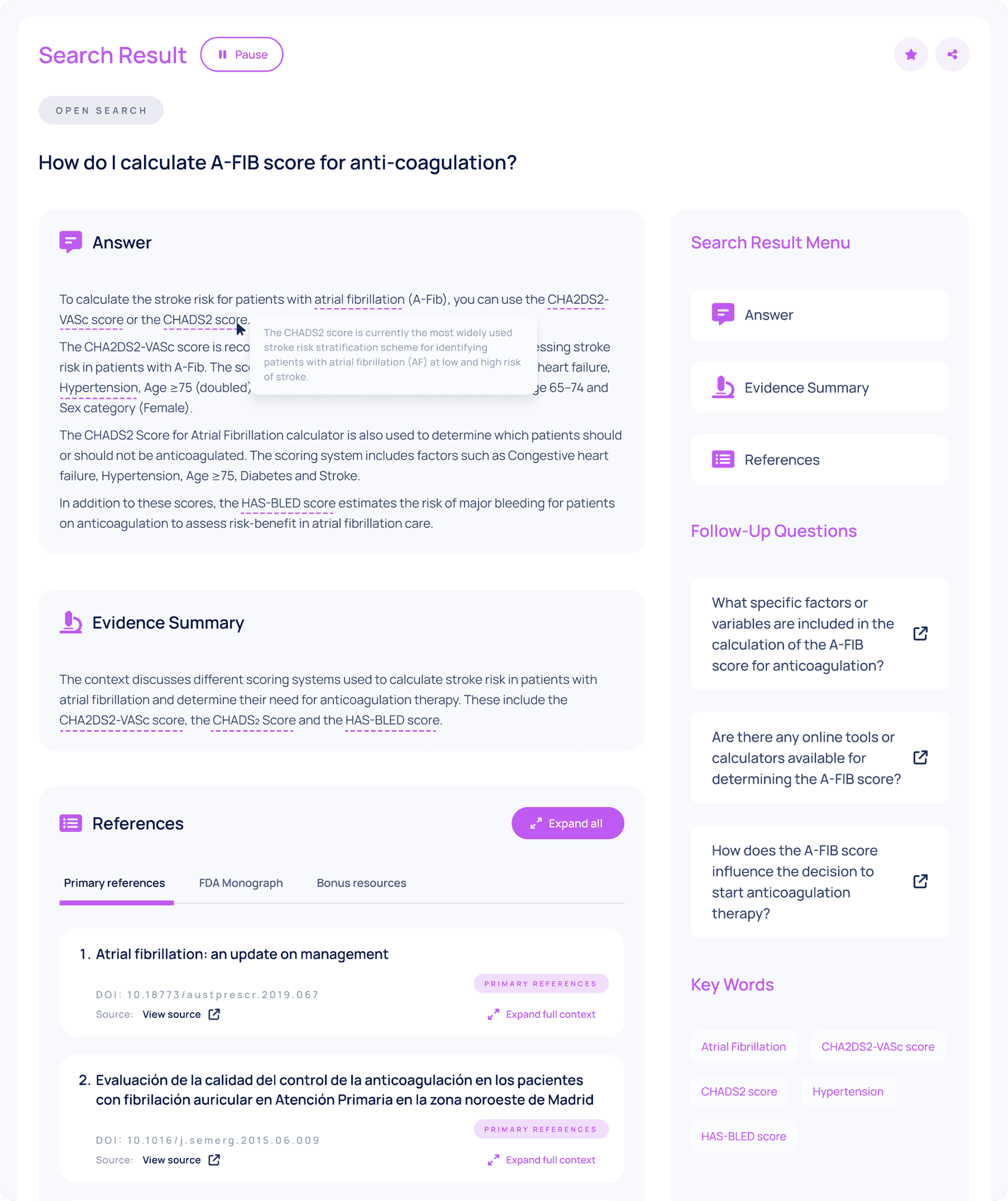 The redesigned Clair search results layout featuring a sidebar navigation, tooltip keywords, and follow-up questions.