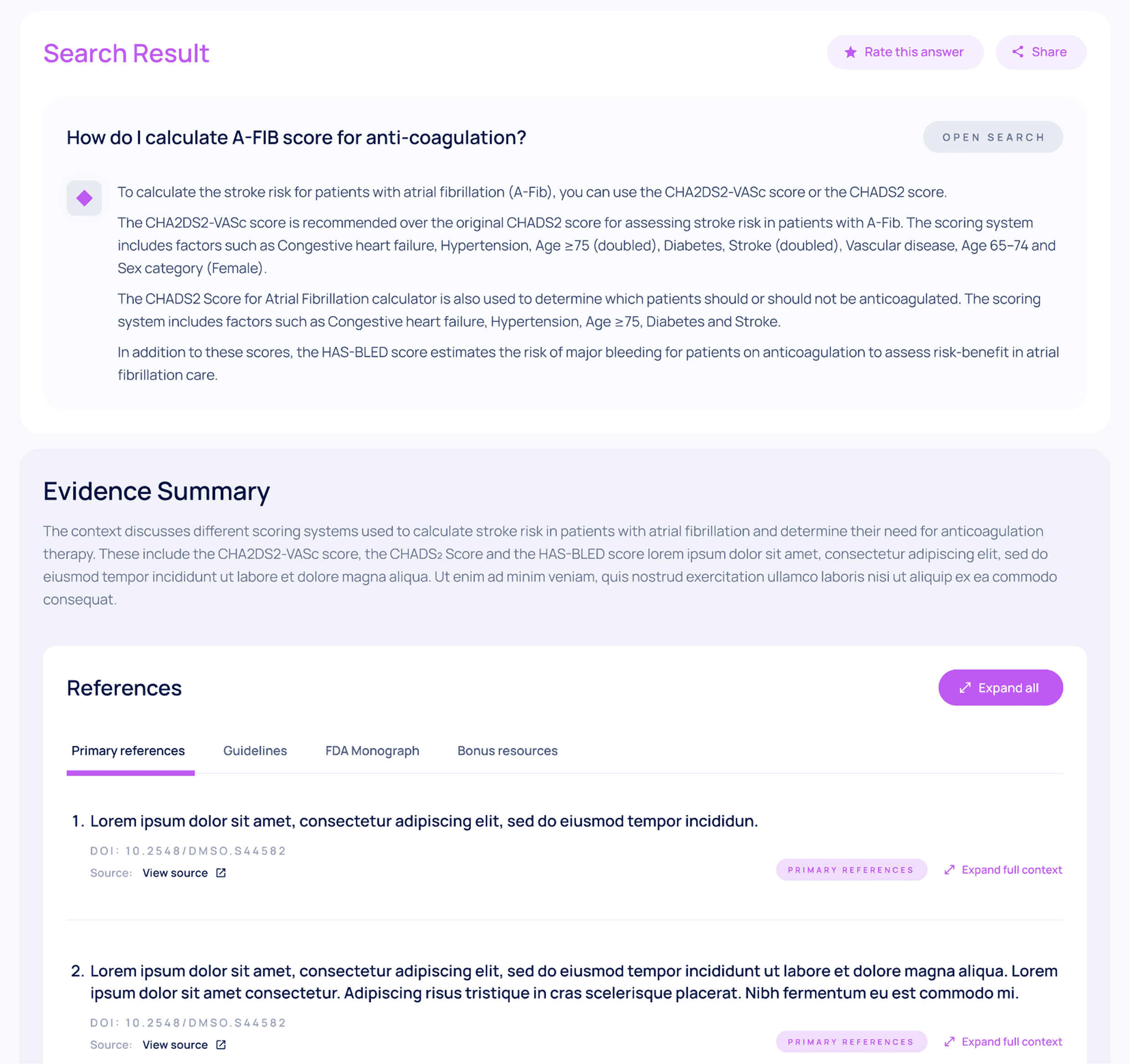 The old Clair search results experience, showing long lines of text spanning across a wide screen and sections that pop into existence without loading indicators.