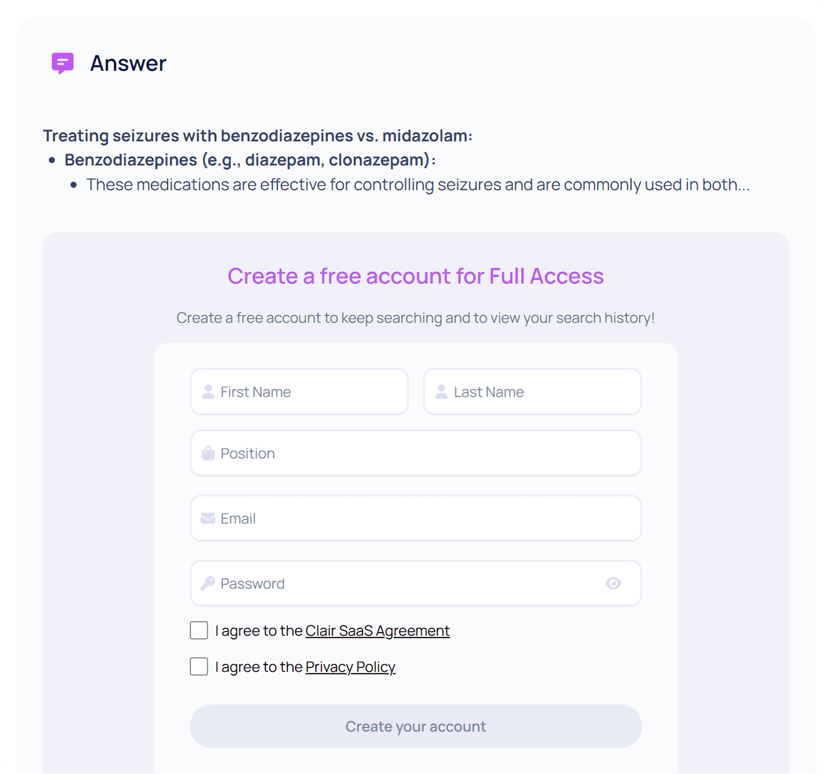 Unauthenticated Clair search result showing a signup prompt with query limit messaging.
