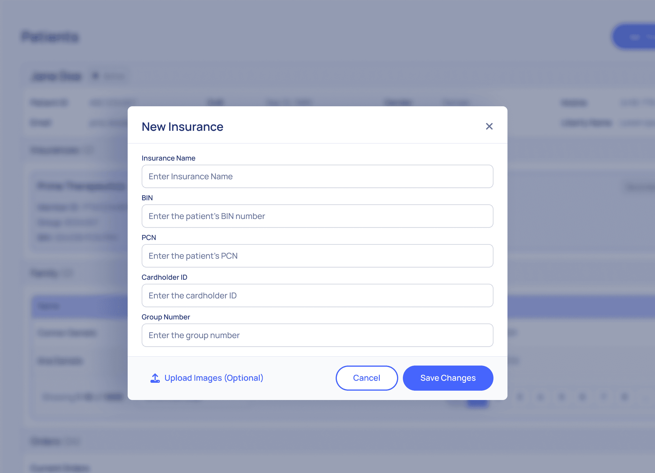 Modal with title: New insurance. A live version of the component library, developed and deployed by a developer.