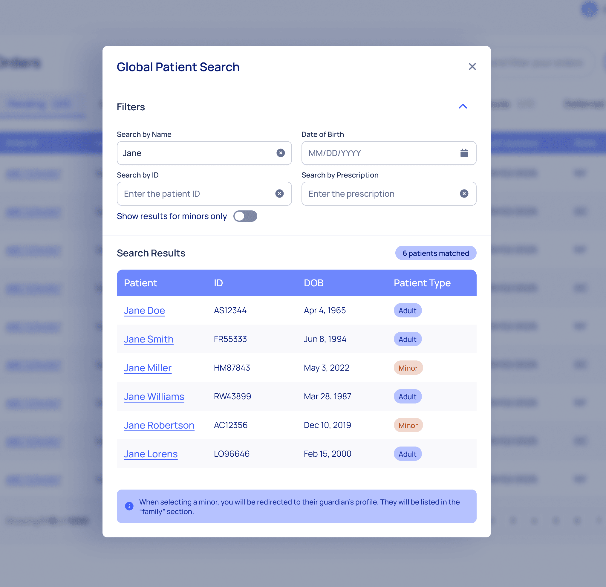 Modal with title: Global Patient Search. A live version of the component library, developed and deployed by a developer.